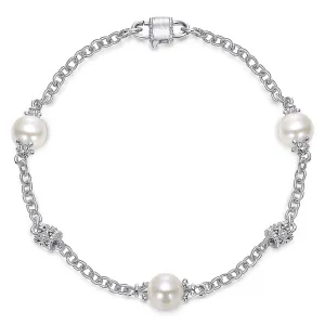 Silver Filigree and Pearl Station Bracelet