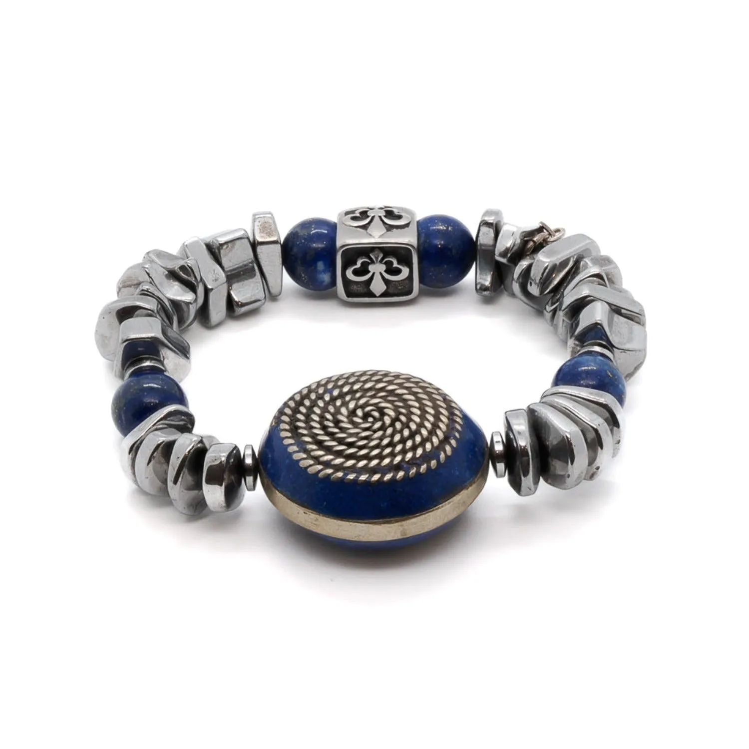 Silver Hematite Stone Beaded Fleur de Lis Bracelet