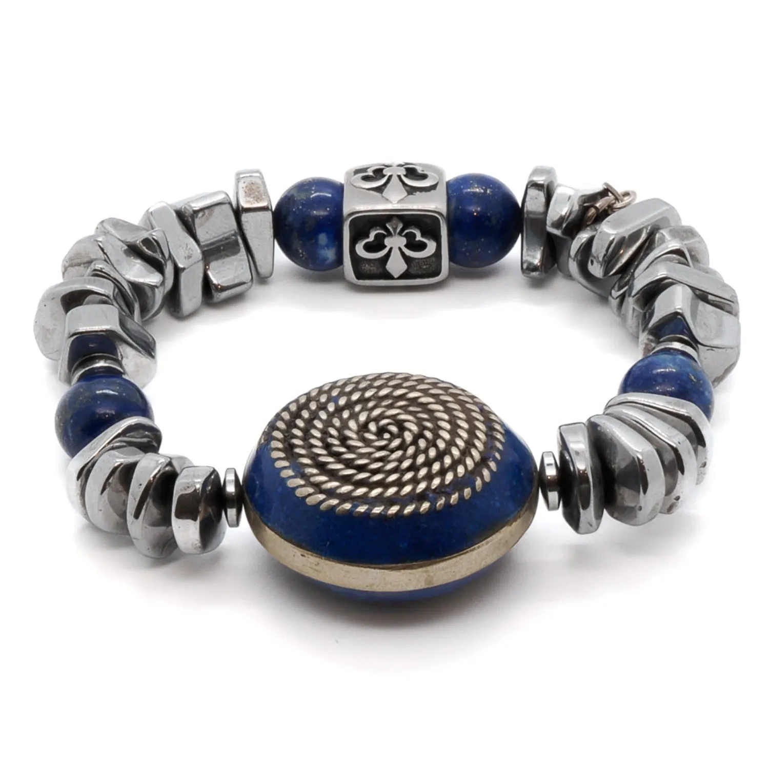 Silver Hematite Stone Beaded Fleur de Lis Bracelet
