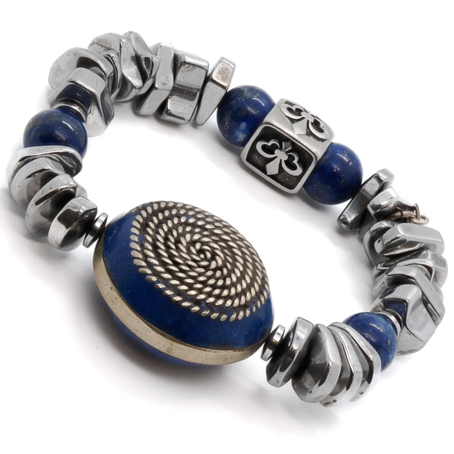 Silver Hematite Stone Beaded Fleur de Lis Bracelet