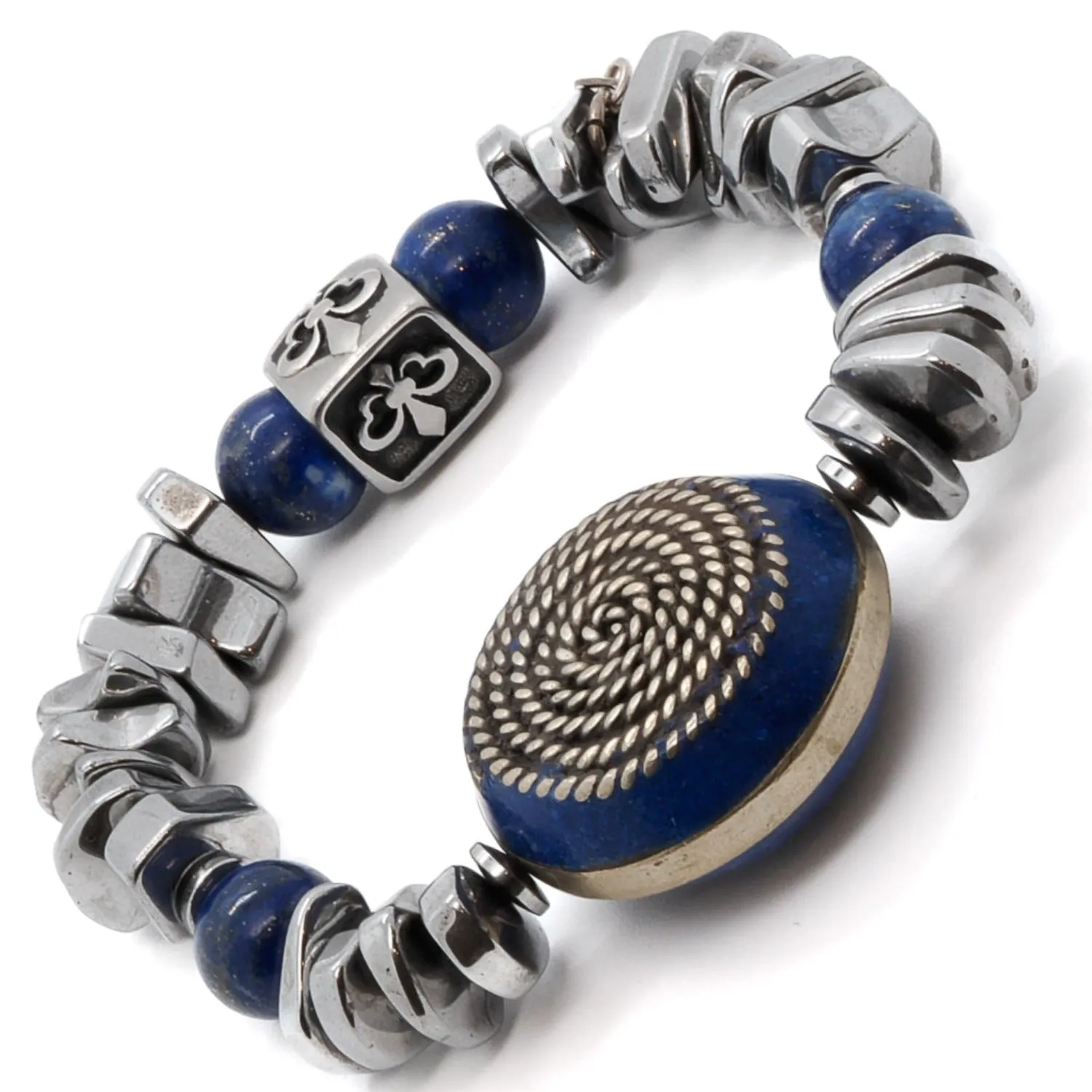 Silver Hematite Stone Beaded Fleur de Lis Bracelet