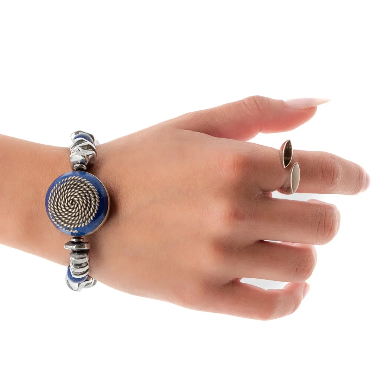 Silver Hematite Stone Beaded Fleur de Lis Bracelet