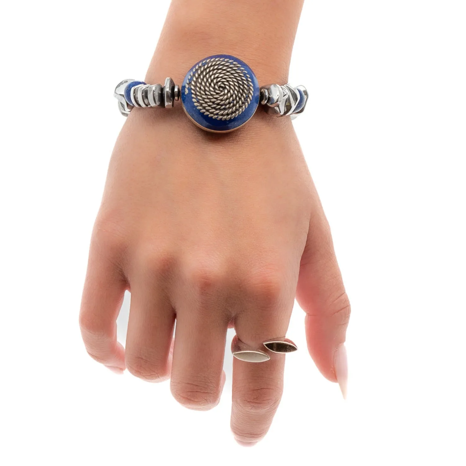 Silver Hematite Stone Beaded Fleur de Lis Bracelet
