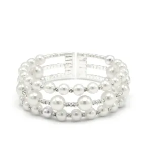 SILVER WHITE PEARL AND CRYSTAL MEMORY WIRE STRETCH BRACELET# 83831WH-S