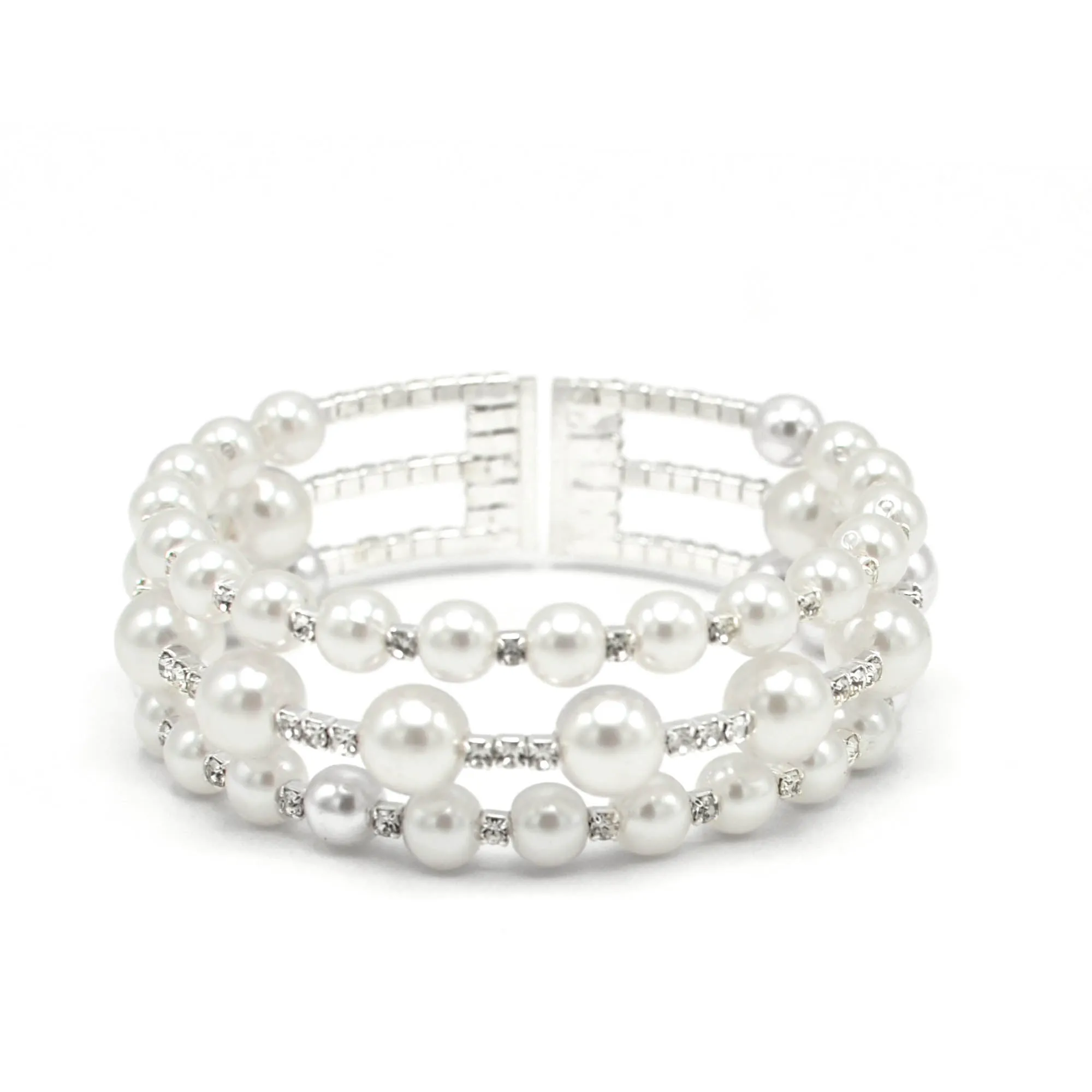 SILVER WHITE PEARL AND CRYSTAL MEMORY WIRE STRETCH BRACELET# 83831WH-S