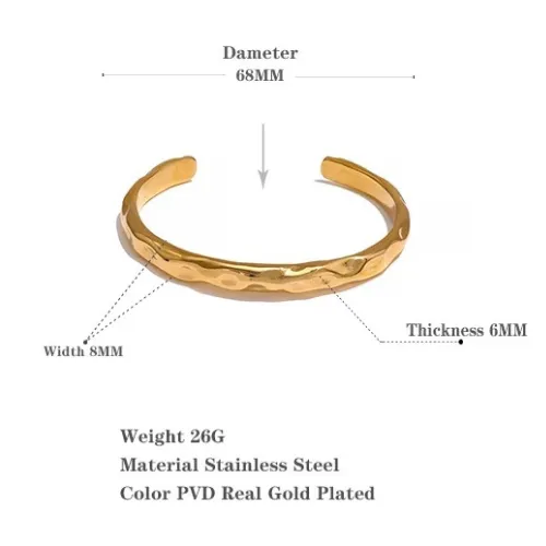 Simple Minimalist Tarnish-Free Gold Color Stainless Steel Bangle Bracelet with Metal Texture
