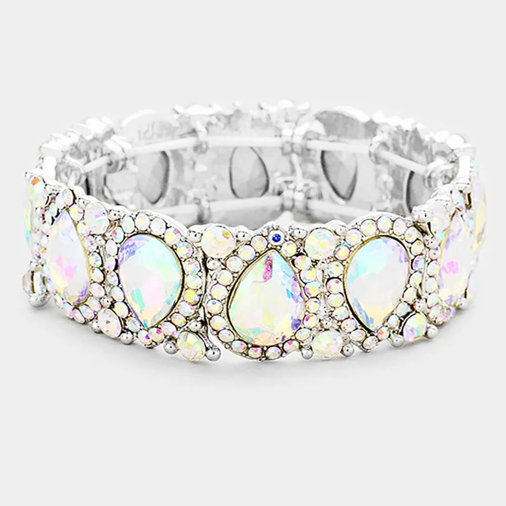 Slim AB Crystal Pear and Rhinestone Stretch Bracelet  | Pageant Jewelry | 382420
