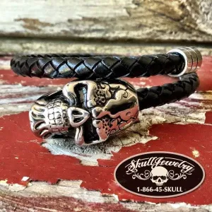 'Slippin Around' Wrap Around Black Leather w/ Skull Head Bracelet (902)