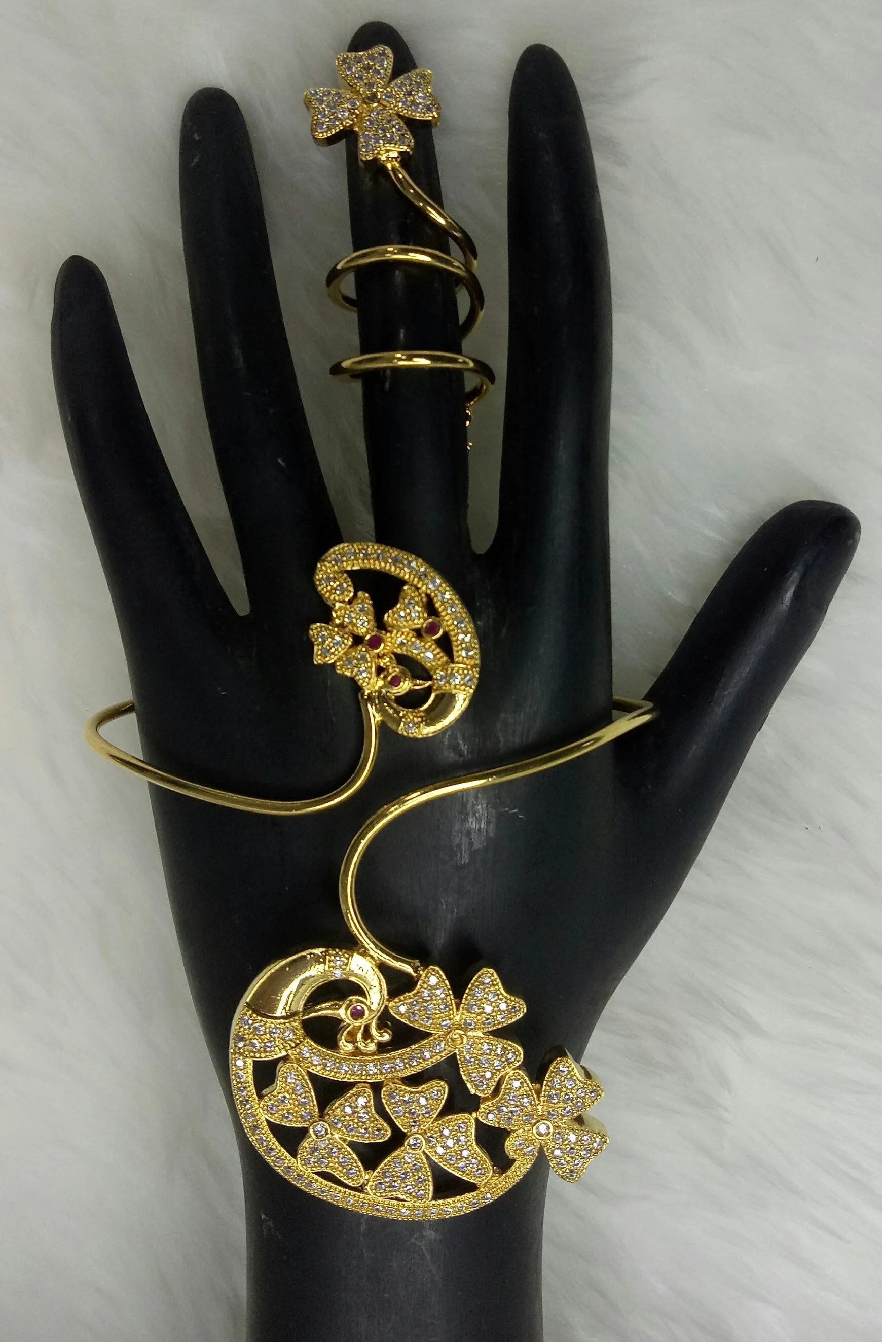 SLP 3121 Indian Bollywood Ethnic Gold Plated Red Ruby Stones Studded American Diamond Cubic Zirconia Chain-link Imitation Bracelets Wedding Bridal Bijoux