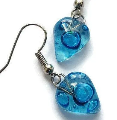 Small heart shapped blue fused glass drop Earrings. Turquoise Recycles Glass dangle Earrings.