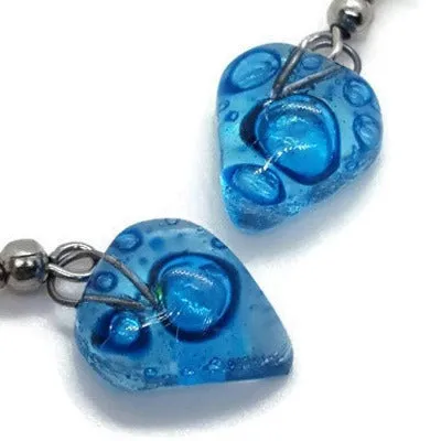 Small heart shapped blue fused glass drop Earrings. Turquoise Recycles Glass dangle Earrings.