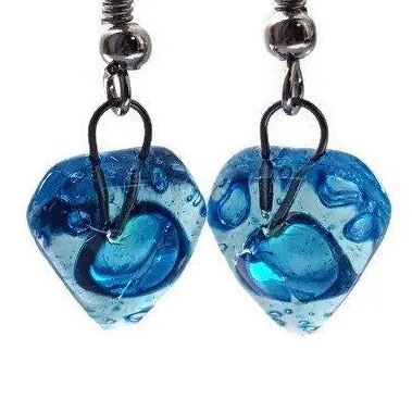 Small heart shapped blue fused glass drop Earrings. Turquoise Recycles Glass dangle Earrings.