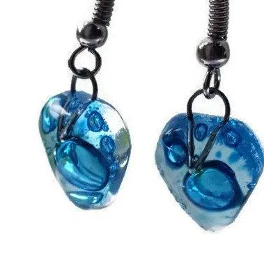 Small heart shapped blue fused glass drop Earrings. Turquoise Recycles Glass dangle Earrings.