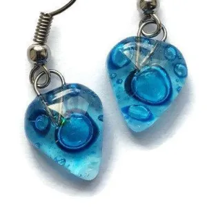 Small heart shapped blue fused glass drop Earrings. Turquoise Recycles Glass dangle Earrings.