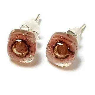 Small Post pink and brown Earrings. Fused Glass Studs. Recycled Glass jewelry. Stud earrings