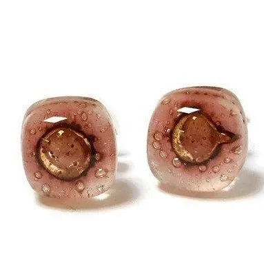 Small Post pink and brown Earrings. Fused Glass Studs. Recycled Glass jewelry. Stud earrings