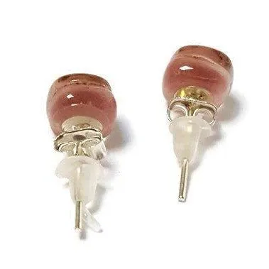 Small Post pink and brown Earrings. Fused Glass Studs. Recycled Glass jewelry. Stud earrings