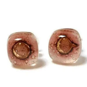 Small Post pink and brown Earrings. Fused Glass Studs. Recycled Glass jewelry. Stud earrings