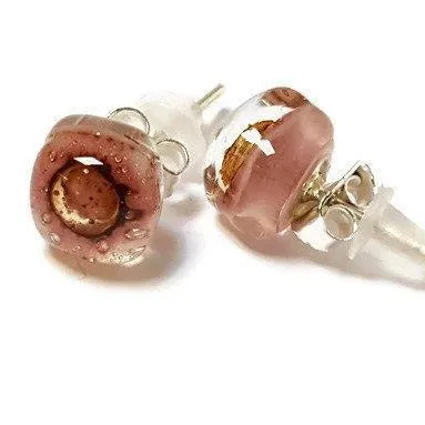 Small Post pink and brown Earrings. Fused Glass Studs. Recycled Glass jewelry. Stud earrings