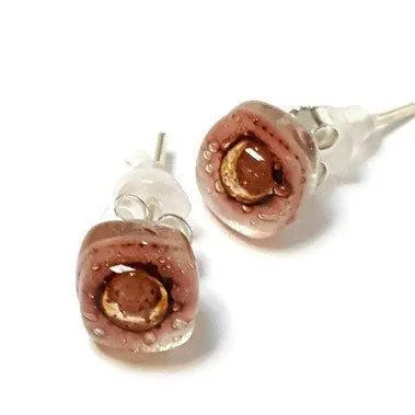 Small Post pink and brown Earrings. Fused Glass Studs. Recycled Glass jewelry. Stud earrings