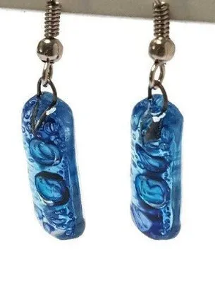 Small Rectangular blue recycled Glass Earrings. Fused Glass Jewelry
