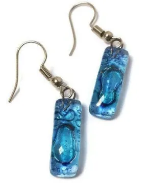 Small Rectangular blue recycled Glass Earrings. Fused Glass Jewelry