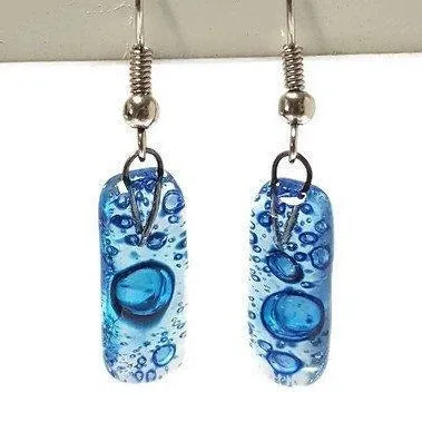 Small Rectangular blue recycled Glass Earrings. Fused Glass Jewelry