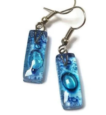 Small Rectangular blue recycled Glass Earrings. Fused Glass Jewelry