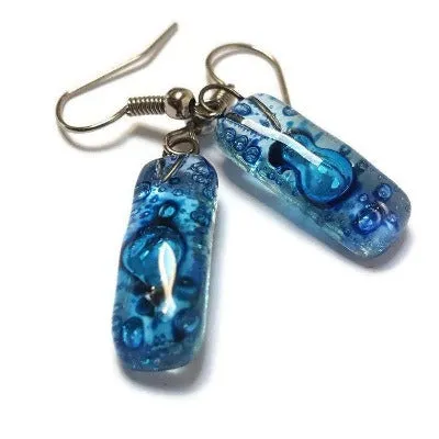 Small Rectangular blue recycled Glass Earrings. Fused Glass Jewelry