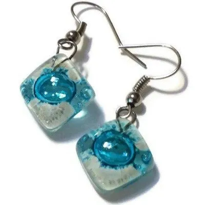 Small Turquoise and white Fused Glass Earrings. Recycled glass small square earrings