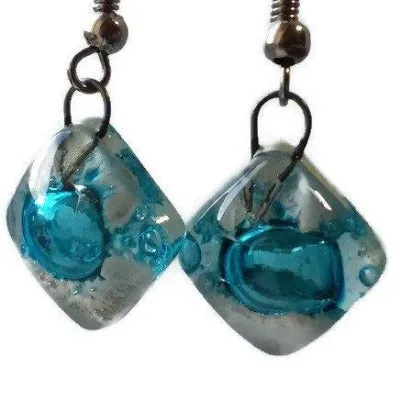 Small Turquoise and white Fused Glass Earrings. Recycled glass small square earrings