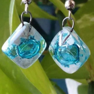 Small Turquoise and white Fused Glass Earrings. Recycled glass small square earrings