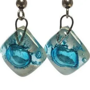 Small Turquoise and white Fused Glass Earrings. Recycled glass small square earrings