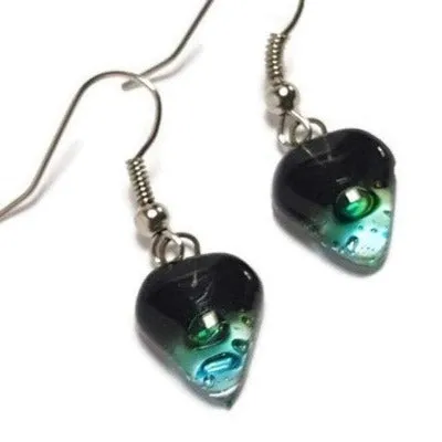 Small turquoise, green and black Earrings. Heart Shape Recycled glass Jewelry. Fused glass