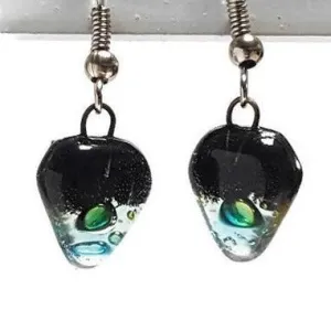 Small turquoise, green and black Earrings. Heart Shape Recycled glass Jewelry. Fused glass