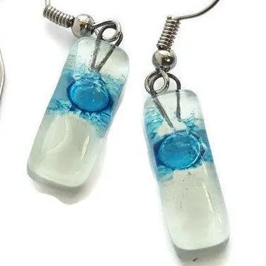 Small White and Turquoise Fused Glass Earrings