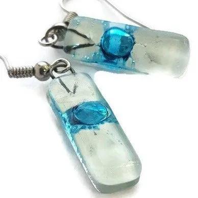 Small White and Turquoise Fused Glass Earrings