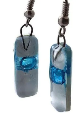 Small White and Turquoise Fused Glass Earrings