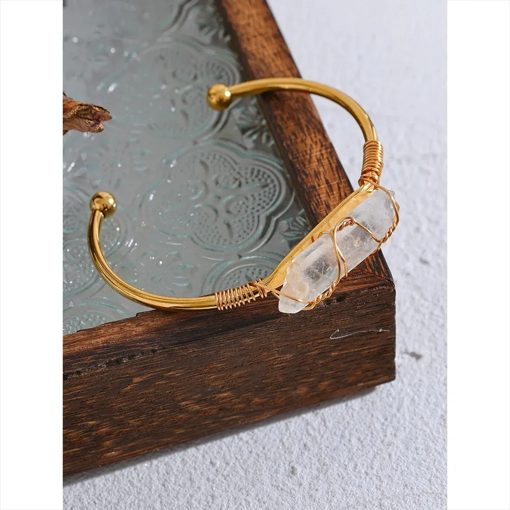 Stainless Steel Open Cuff Bracelet Bangle with Natural White Quartz Stone