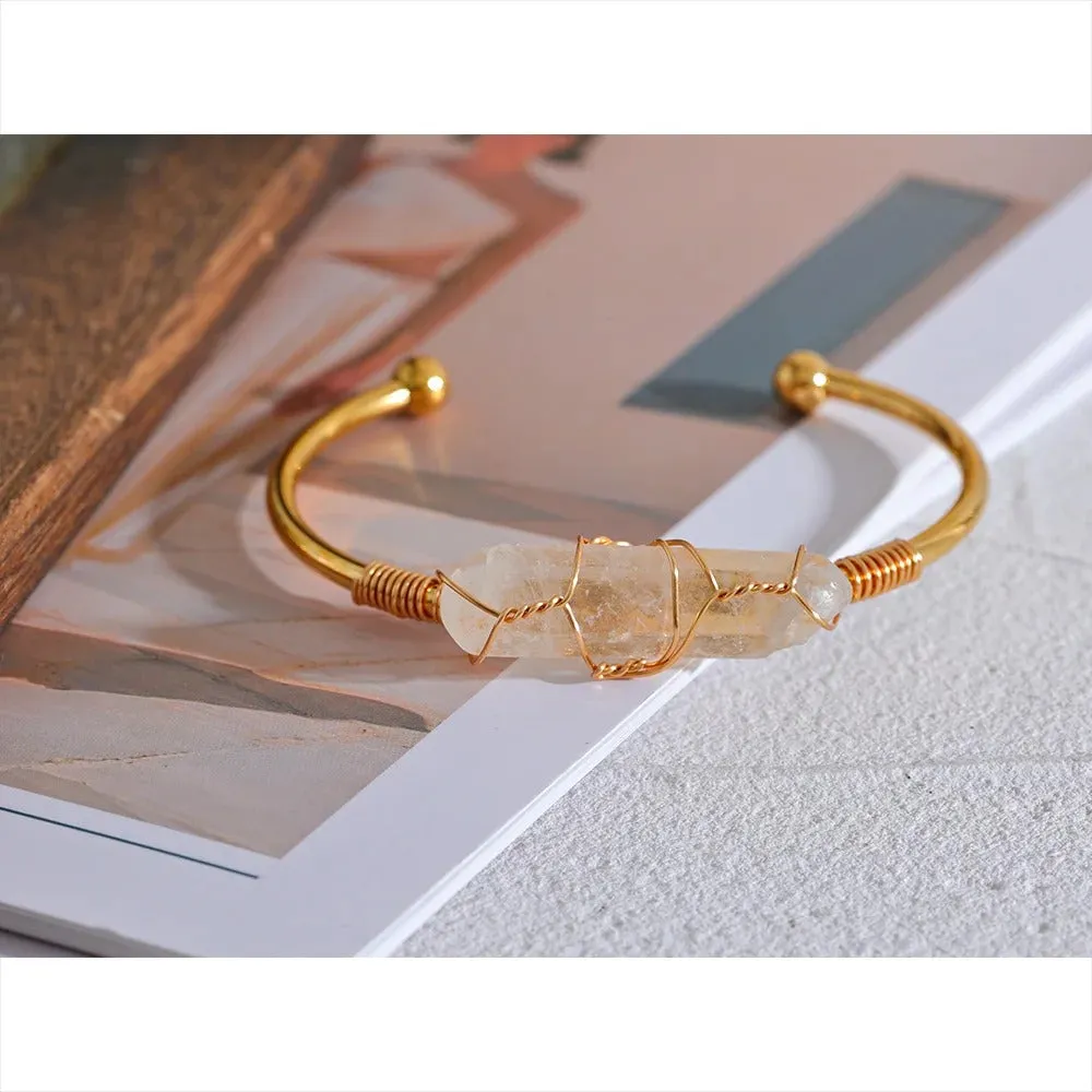 Stainless Steel Open Cuff Bracelet Bangle with Natural White Quartz Stone