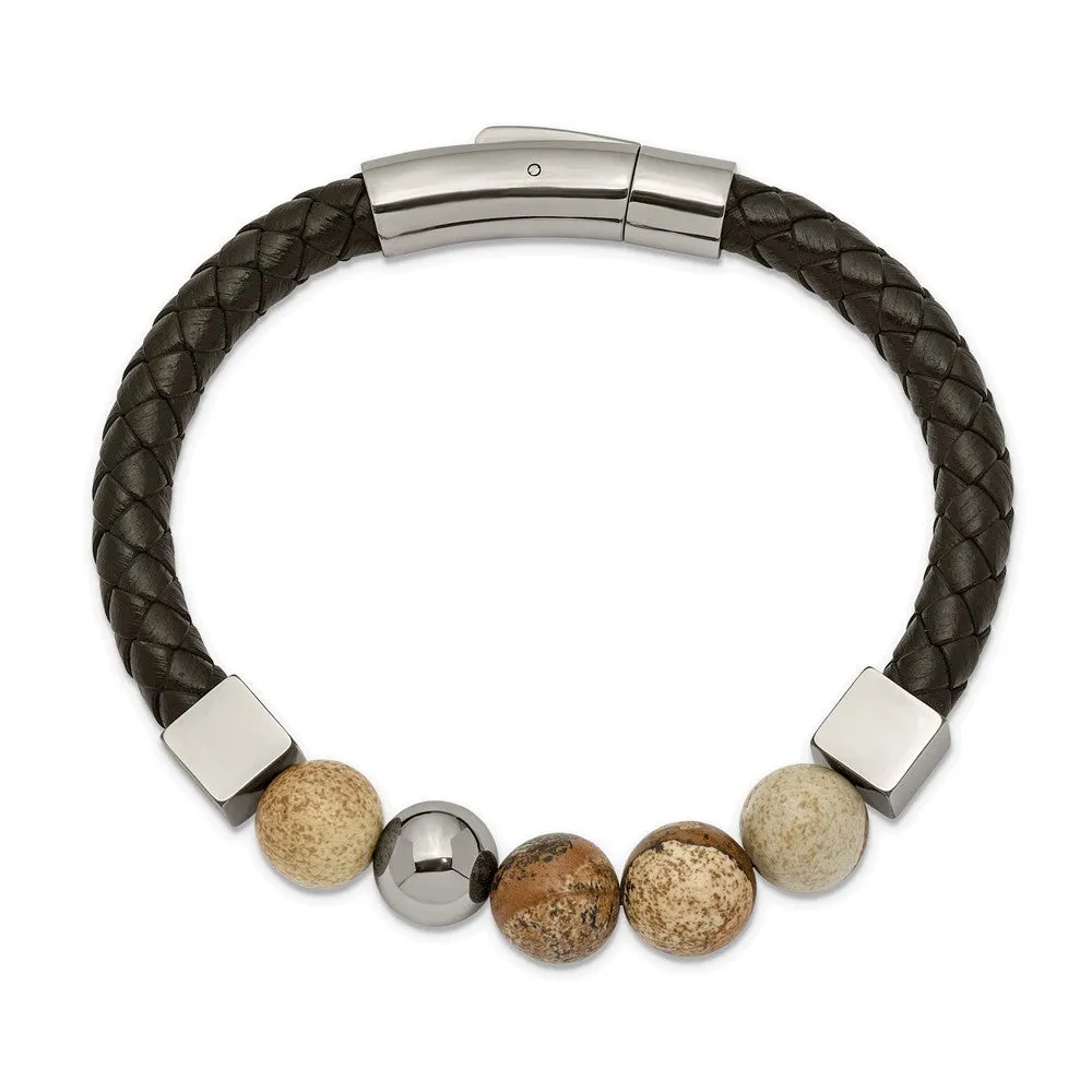 Stainless Steel Polished w/Brown Jasper Black Leather 8in Bracelet