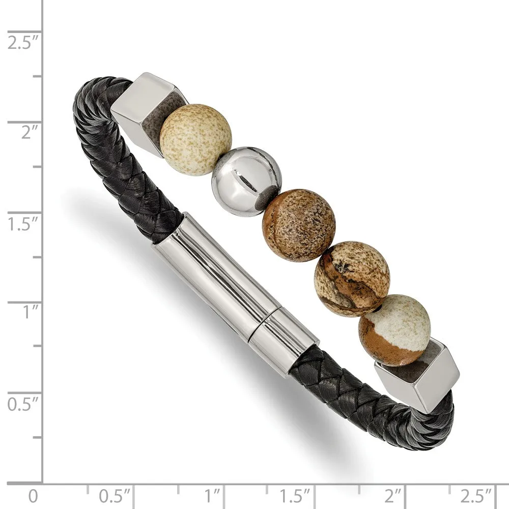 Stainless Steel Polished w/Brown Jasper Black Leather 8in Bracelet