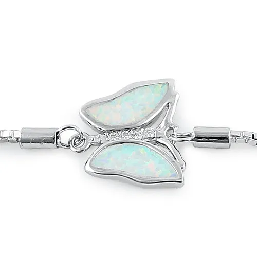Sterling Silver Adjustable Butterfly White Lab Opal & Clear CZ Box Chain Bracelet