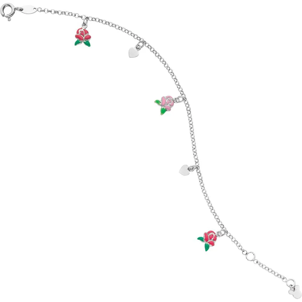Sterling Silver Belle Enamel Roses & Hearts 5.5-7.5" Bracelet