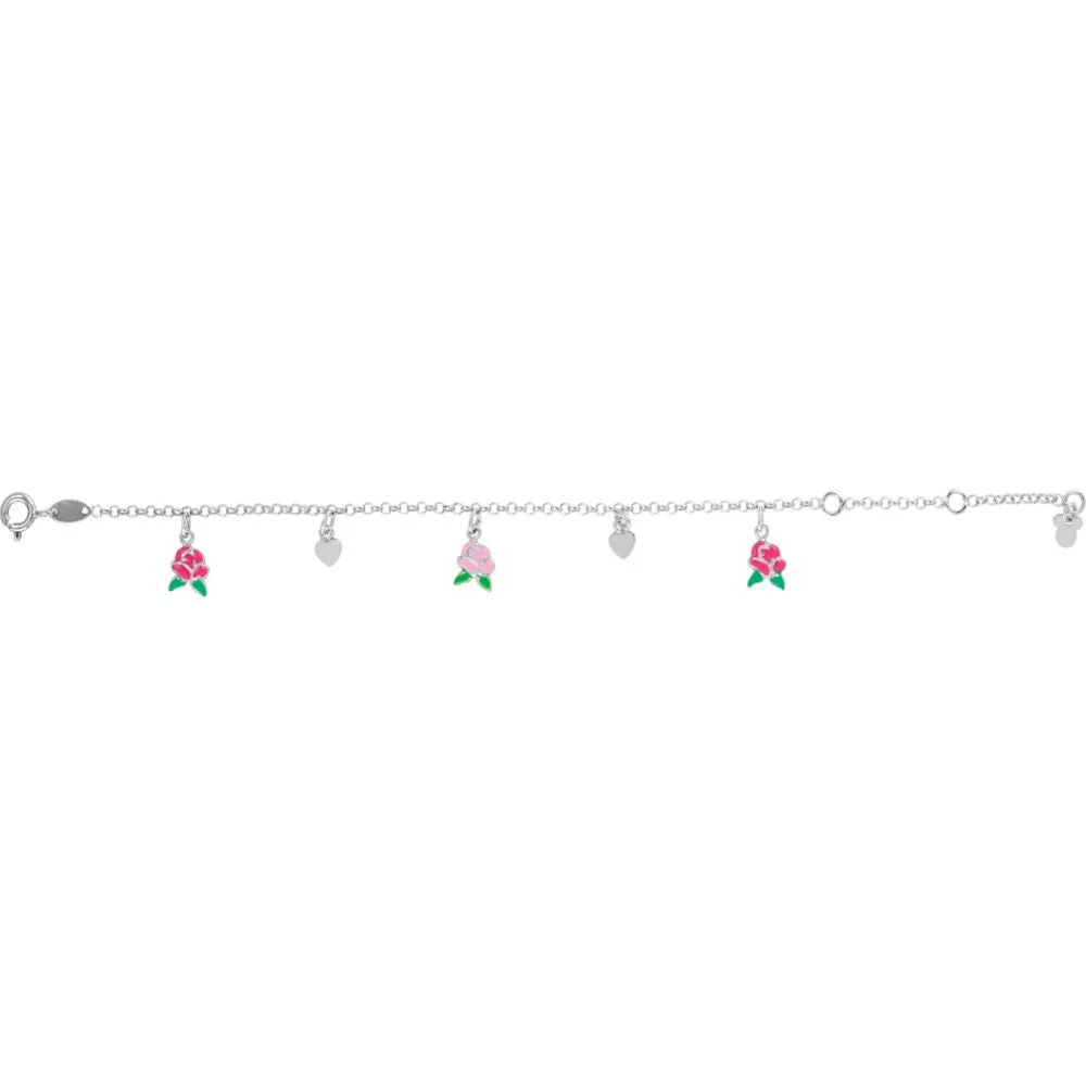 Sterling Silver Belle Enamel Roses & Hearts 5.5-7.5" Bracelet