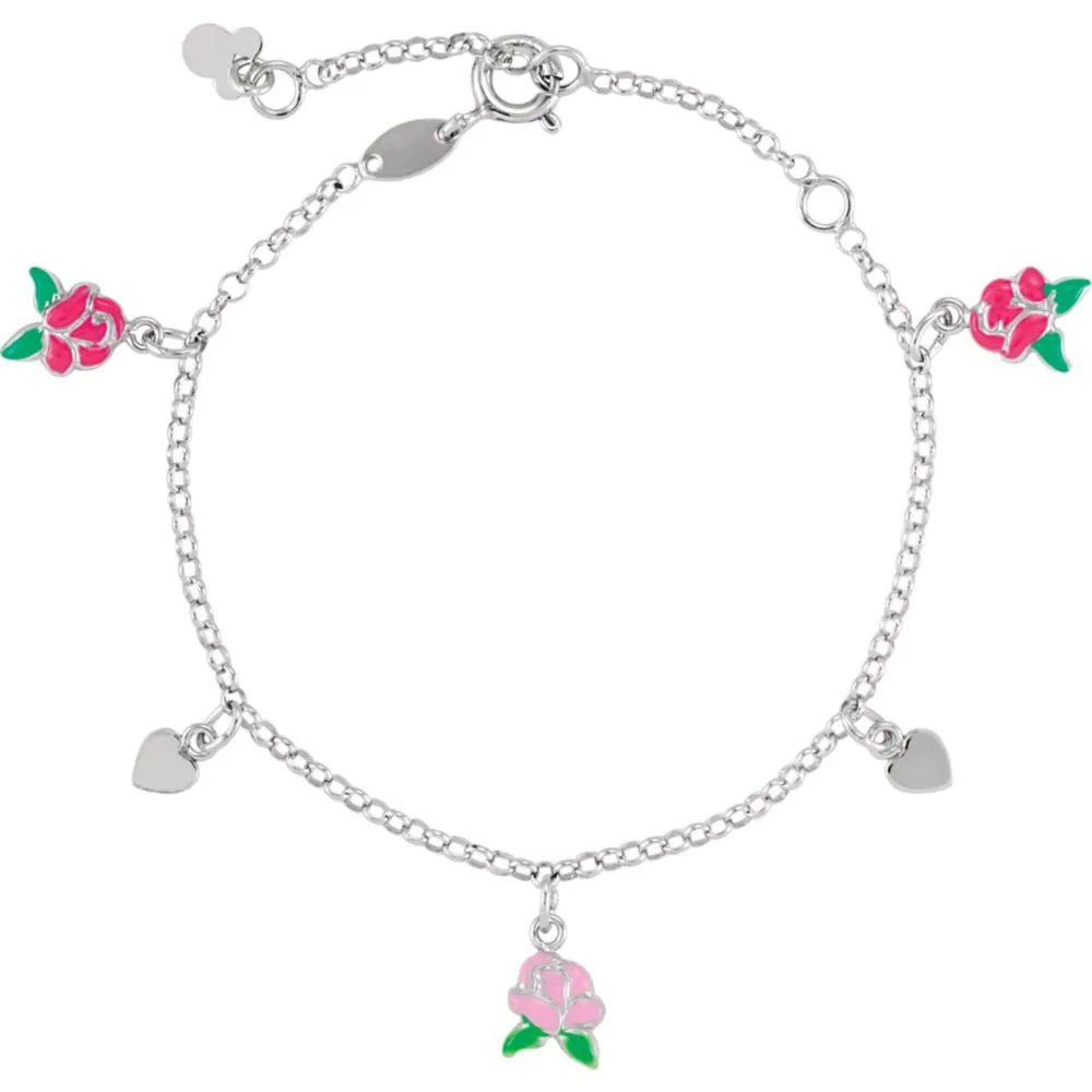 Sterling Silver Belle Enamel Roses & Hearts 5.5-7.5" Bracelet