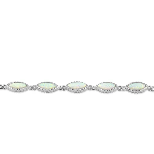 Sterling Silver Dainty Chain Bracelet with White Lab Opal Marquise Charms