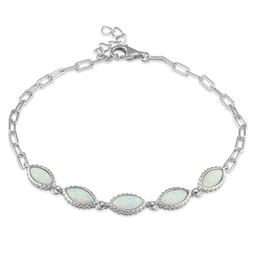 Sterling Silver Dainty Chain Bracelet with White Lab Opal Marquise Charms