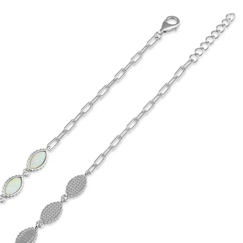 Sterling Silver Dainty Chain Bracelet with White Lab Opal Marquise Charms