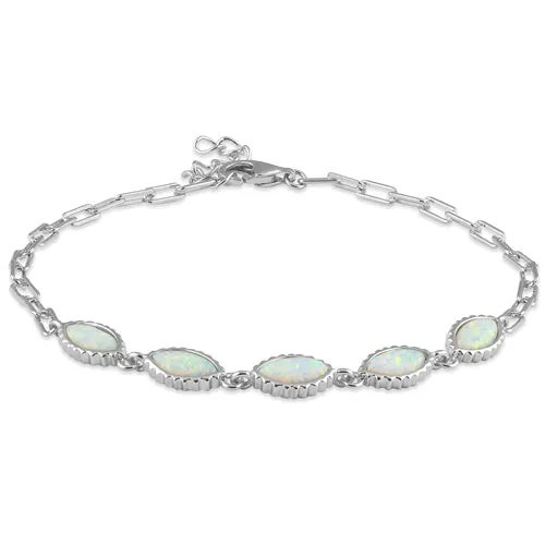 Sterling Silver Dainty Chain Bracelet with White Lab Opal Marquise Charms